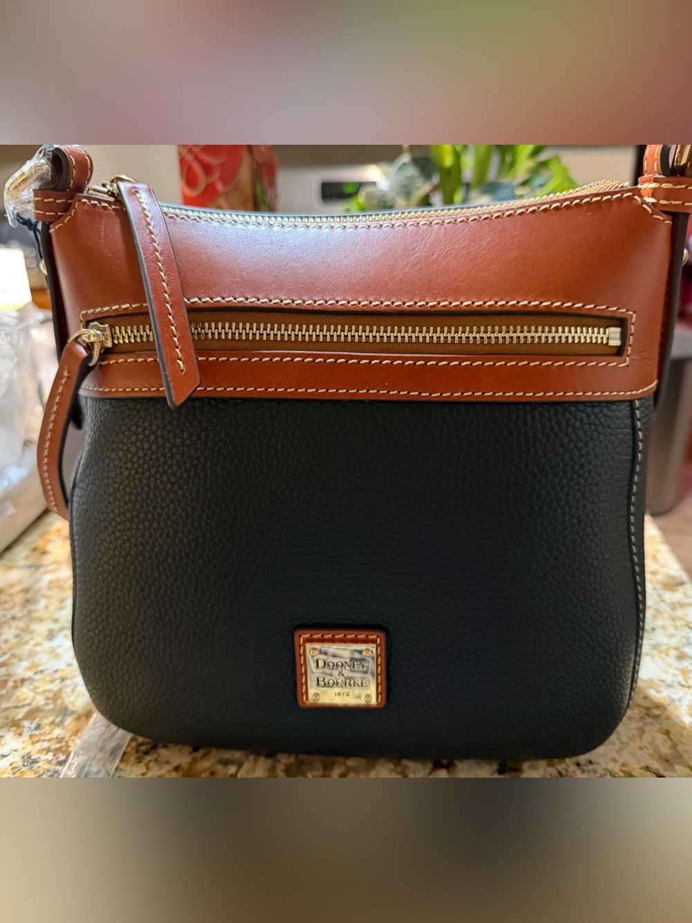 Dooney & Bourke Black Pebble Grain Satchel with Brown Trim and Gold